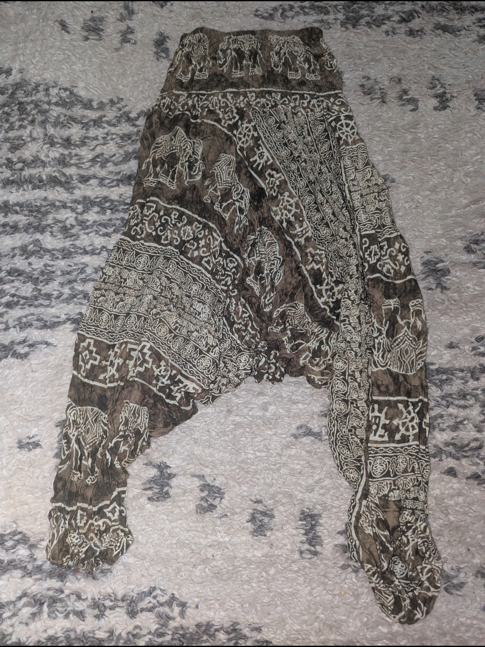 Bohemian Elephant Print Harem Pants - Brown & Cream